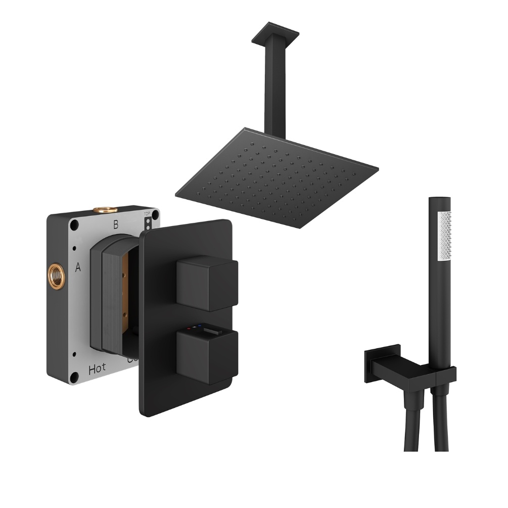 Product Cut out image of the Abacus Square Matt Black 2 Outlet Shower Pack with Ceiling Head & Handset